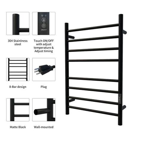 Wall Mounted Heated Towel Rack With Built In Timer And LED Indicator In Matte Black Electric Stainless Steel Towel Warmer For Bathroom