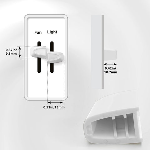 Two white replacement dimmer knobs for fan and light controls; front view with dimensions