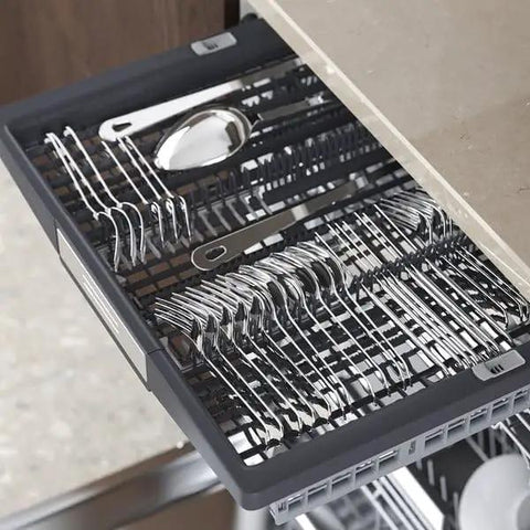Swedish Engineered Integrated Dishwasher 60 Cm Wide Silent Heavy Duty with neatly arranged silverware rack.