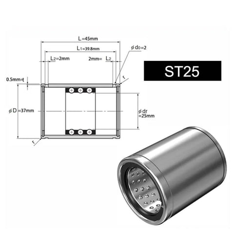 Diagram and image of ST25 Linear Bearings And Guide Bushings For Light-Duty, Long Stroke Motion In CNC Machines And 3D Printers