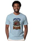 Cool Mechanical Engineer Tee For Your Garage Project Car Vibe Vintage Distressed Gear Graphic Shirt worn by a man in blue.