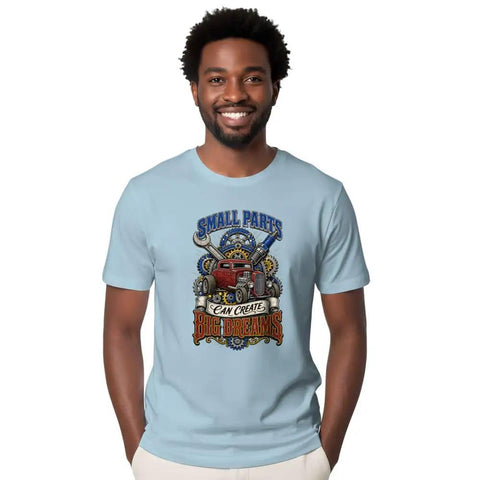 Cool Mechanical Engineer Tee For Your Garage Project Car Vibe Vintage Distressed Gear Graphic Shirt worn by a man in blue.