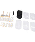 Pro Level Microfiber Paint Roller Set With Beefy Frame And Spill Tray Including Five Mega Grip Rollers And Three Soft Touch Brushes layout showing rollers, brushes, and tray.