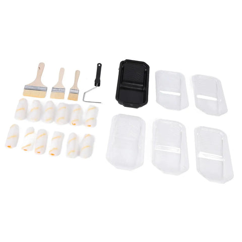 Pro Level Microfiber Paint Roller Set With Beefy Frame And Spill Tray Including Five Mega Grip Rollers And Three Soft Touch Brushes layout showing rollers, brushes, and tray.