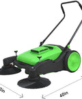 Heavy Duty 43 Inch Walk Behind Floor Sweeper Manual Push Broom For Warehouse And Shop Floors With A Beefy 15 Gallon Hopper measuring 43 inches wide.
