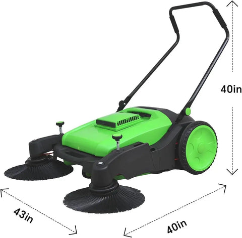 Heavy Duty 43 Inch Walk Behind Floor Sweeper Manual Push Broom For Warehouse And Shop Floors With A Beefy 15 Gallon Hopper measuring 43 inches wide.