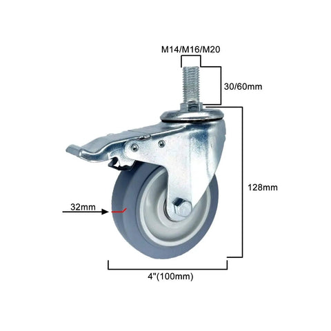 Heavy Duty Caster Wheels With Brakes, Swivel TPR Rubber Casters For Furniture, Workbenches, And Carts, 243 Lbs Load, Dimensions Shown