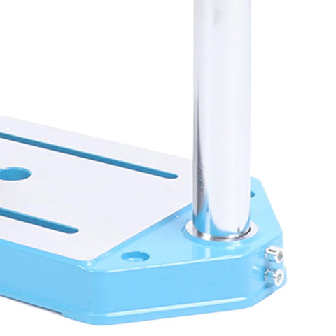 Jiawu High Capacity Electric Drill Stand Rotatable Bench Press for Wood Plastic Iron base with pre-drilled holes and chrome steel rod.