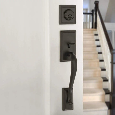 Sick Matte Black Exterior Door Handle Set With Left Hand Wave Lever And Deadbolt Lock Adjustable Latch on door