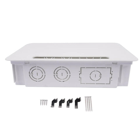 Front view of 9 Inch In Wall TV Cable Management Box For Hidden Wires And Media Storage, showing cover and mounting accessories.