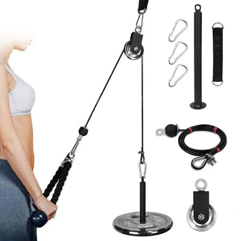 360 Degree Rotation Pulley Cable Machine Attachment For Home Gym A Beast Of A Setup Built With Detachable Heavy Duty Steel And Smooth Roller For Quiet Easy Install And Full Body Strength Training Of Back Shoulders Arms, pulley kit with base, cable, straps and clips