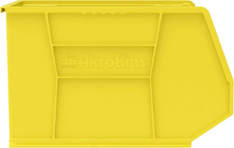 Side view of a yellow stackable plastic storage bin, part of a three-pack, designed for garage organization, measuring 18 x 16 x 11 inches.