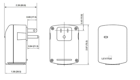 Technical diagram of Decora Smart Plug In Outlet With Z Wave Technology Repeater Range Extender DZPA12BW showing dimensions.