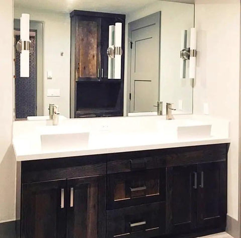 Real Deal Charcoal Reactive Water Based Interior Wood Stain Offering Smoky Weathered Undertones A Totally Voc Free Mix For Modern Rustic Industrial Builds Give Your Next Project Some Serious Kick Bulk Size Ready bathroom with dark wood vanity and modern fixtures.