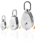 M50 Single Pulley Blocks Two Pack Beefy Heavy Duty Stainless Steel Roller with three size options displayed