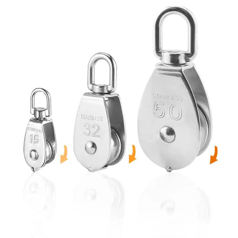 M50 Single Pulley Blocks Two Pack Beefy Heavy Duty Stainless Steel Roller with three size options displayed
