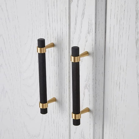 Set Of 2 Solid Brass Cabinet Pulls 6.3 Inches Long With 5 Inch Hole Centers Knurled Textured Handles In Gold And Black Finishes