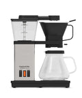 Plastic Free 8 Cup Automatic Drip Pour Over Coffee Maker With Temperature Control That Brews Up Rich Flavor In Minutes No Plastic Parts Black And Stainless Steel Finish Gold Cup Standard shown from side view.