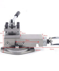 Lathe tool rest assembly with quick-change post on metal base, AT300 mini lathe compatible, side view.
