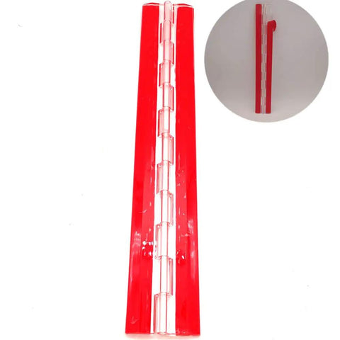 Crystal Clear Self Adhesive Acrylic Piano Hinges 12 Inch with red sides, showing smooth hinge operation and transparent design.