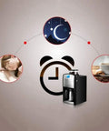 Coffee Maker Single Serve Espresso Machine With Blue Capsule Variety Pack For Office Kitchen And Home Use Quick Brews One Touch Operation Compact Desk Friendly Design Ideal For Breakrooms And Home Barista Fans, shown with sleeping person, coffee cup, and night sky.