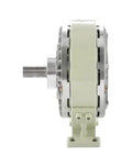 Electromagnetic powder brake with base; beige housing, single shaft side view