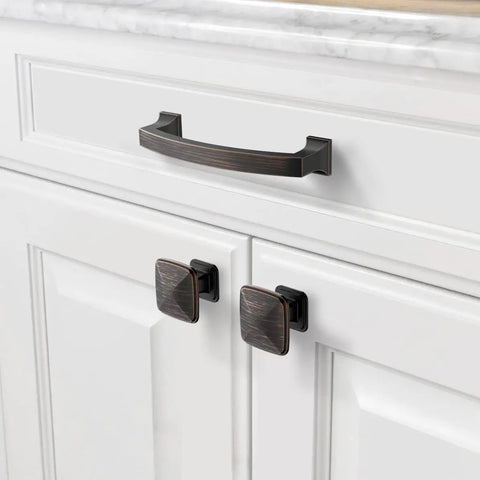 Close-up of 10 Pack 4 Inch Oil Rubbed Bronze Cabinet Pulls For Kitchen Cabinets And Drawers, sleek modern look on white cabinet