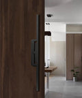 Solid Aluminum Door Pull Handle Double Sided Modern Barn Style For Interior And Exterior Doors Black Heavy Duty Durable Rust Resistant installed on wood door.
