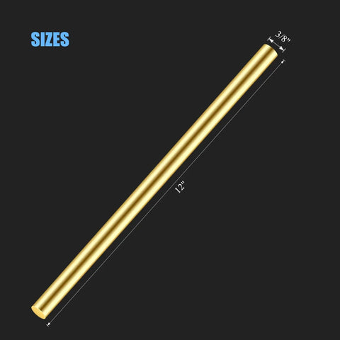 Two Brass Rods Twelve Inches Long, Three Eighths Inch Diameter Round Stock Lathe Bar For DIY Crafts shown with dimensions