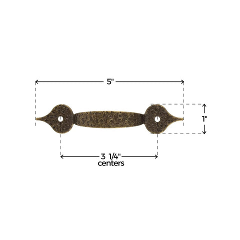 Antique Brass Hammered Drawer Pull With 3 1/4 Inch Centers, 5 Inch Width And 1 Inch Height, Vintage Reproduction Furniture Hardware