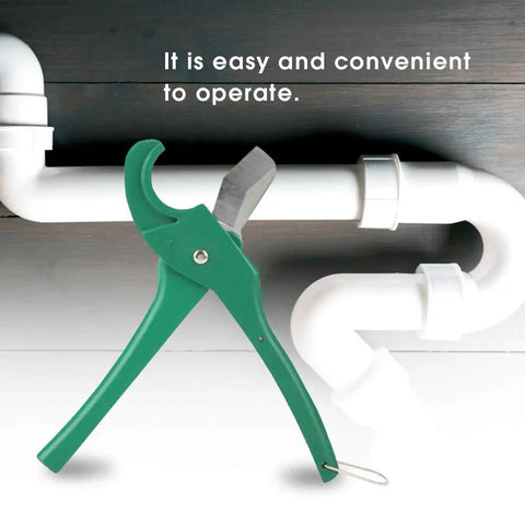 PVC Pipe Cutter With Ratchet Mechanism, Aluminum Alloy Body in green, ergonomic handle, beside PVC pipes