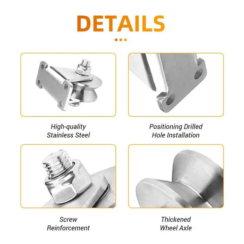 Detailed features of Two Pack V Groove Wheel Pulley Blocks 1.26 Inch Stainless Steel Silent Pulley Rock Solid Gate Rollers.