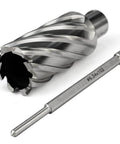 Close-up of Oscarbide 1-1/4 in annular cutter with 3/4 in Weldon shank; 1-1/4 in cutting diameter, 2 in depth