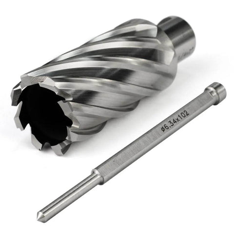 Close-up of Oscarbide 1-1/4 in annular cutter with 3/4 in Weldon shank; 1-1/4 in cutting diameter, 2 in depth