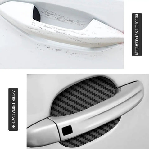 Before and after installation of Dope Carbon Fiber Style Car Door Handle Cup Protectors Stickers Kit, Anti Scratch Film, 4 Pack