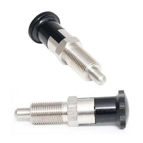 Heavy Duty Stainless Steel Ball Nose Spring Plunger, Self Locking Retractable Indexing Pin With M16 Thread, Pro Grade Push Fit Knob Tool viewed from two angles.