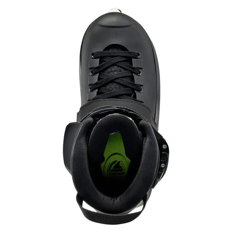 Top view of black Unisex Fitness Inline Skates For Street And Park Cruising, dope urban performance, durable soleplate, upgraded cuff wrap.