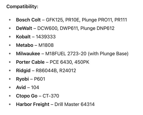 Compatibility list of routers for Circle Cutter Jig For Routers Delivers Boss Level Precision Cut 184 Perfect Circles From 7 Inches To 52.75 Inches In 0.25 Inch Increments With Tough Acrylic Construction Built For Compact Trim And Cordless Routers For DIYers And Pros Alike