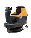 Top Shelf Ride On Automatic Floor Scrubber 33 Inch Wide Cleaning Path Heavy Duty Commercial Floor Washer side view of electric machine