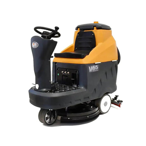 Top Shelf Ride On Automatic Floor Scrubber 33 Inch Wide Cleaning Path Heavy Duty Commercial Floor Washer side view of electric machine