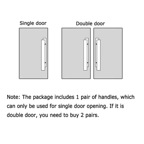 Illustration showing the installation of Solid Wood Push Pull Glass Door Handle For Hotels Shops And Homes Ash Wood Door Handle With Anti Corrosion Finish Dope Modern Look Durable Natural Wood Texture Ideal For Commercial And Residential Doors Available In 800mm And 1200mm Lengths on single and double doors.