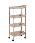 Slick Rolling Utility Cart With Four Roomy Shelves Built From Heavy Duty Plastic And Stainless Steel For Beauty Studios Nail Techs Or Mobile Service Universal Swivel Wheels, beige color, 4 shelves.