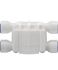 Pack Of 2 One Quarter Inch Automatic Shut Off Valve With Quick Connect Fittings For Reverse Osmosis Systems No Fuss Install Four Way Shutoff Auto Shutoff At Sixty Five Percent Tank Pressure Fits Most RO Units white plastic RO valve