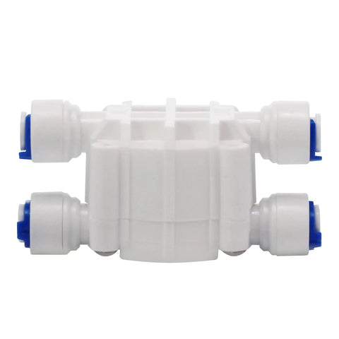 Pack Of 2 One Quarter Inch Automatic Shut Off Valve With Quick Connect Fittings For Reverse Osmosis Systems No Fuss Install Four Way Shutoff Auto Shutoff At Sixty Five Percent Tank Pressure Fits Most RO Units white plastic RO valve