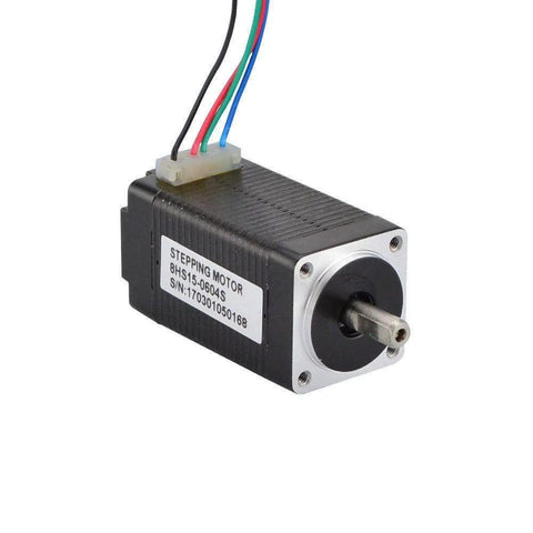 Front-side view of Nema 8 bipolar stepper motor with black housing, silver faceplate and protruding shaft