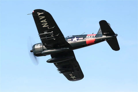 Six Channel RC Warbird Plane With 1700mm Wingspan F4U Corsair V3 PNP Kit in flight showcasing navy design and four blade propeller