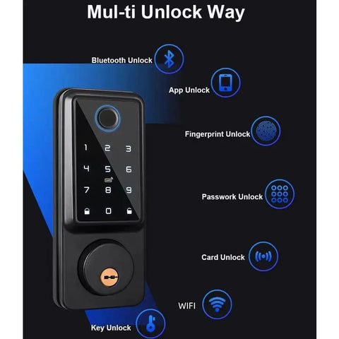 Solid As A Rock Waterproof Smart Deadbolt Lock For Home Featuring Biometric Fingerprint Scan And Digital Keypad showing unlocking methods.