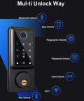 Waterproof Smart Deadbolt Lock For Home Featuring Biometric Fingerprint Digital Keypad Keyless Entry App Logging Visitor Access Easy Peasy Installation Super Smooth Daily Use For The Whole Crew with various unlock options displayed.