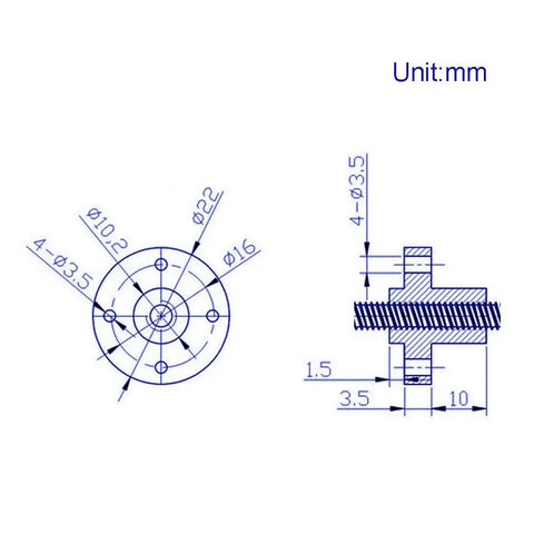 TR8x2 POM Lead Screw Nut Set Black Plastic 8mm Diameter, 2mm Pitch, technical drawing with dimensions