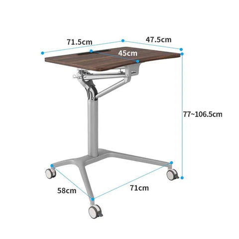Totally Adjustable Pneumatic Sit Stand Rolling Laptop Desk Cart dimensions with walnut surface and alloy base for ergonomic home office.